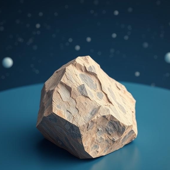 Image is a 3D speckled gneiss mineral sample in the center of the foreground with the background being a depiction of space having a dark blue backdrop and small diffused glowing globes representing stellar bodies. It is a super cool looking rock.